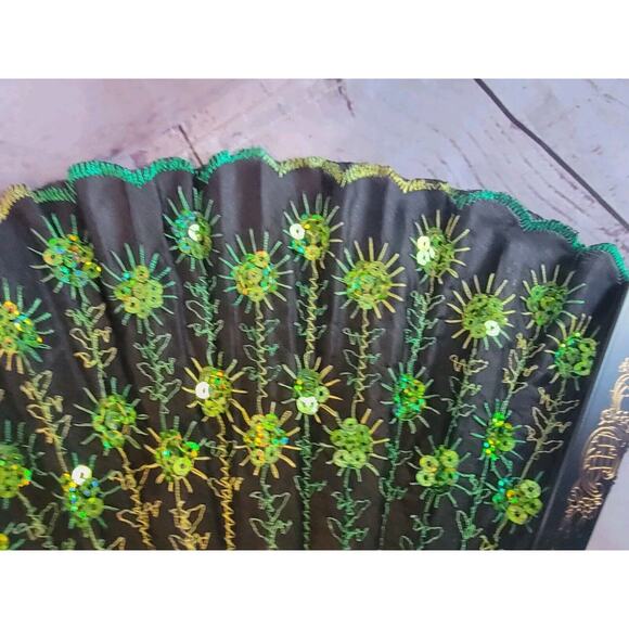 Peacock Emerald Green Embroidered Fabric Folds Handheld Fan Sequin Party Bridal - Picture 3 of 6